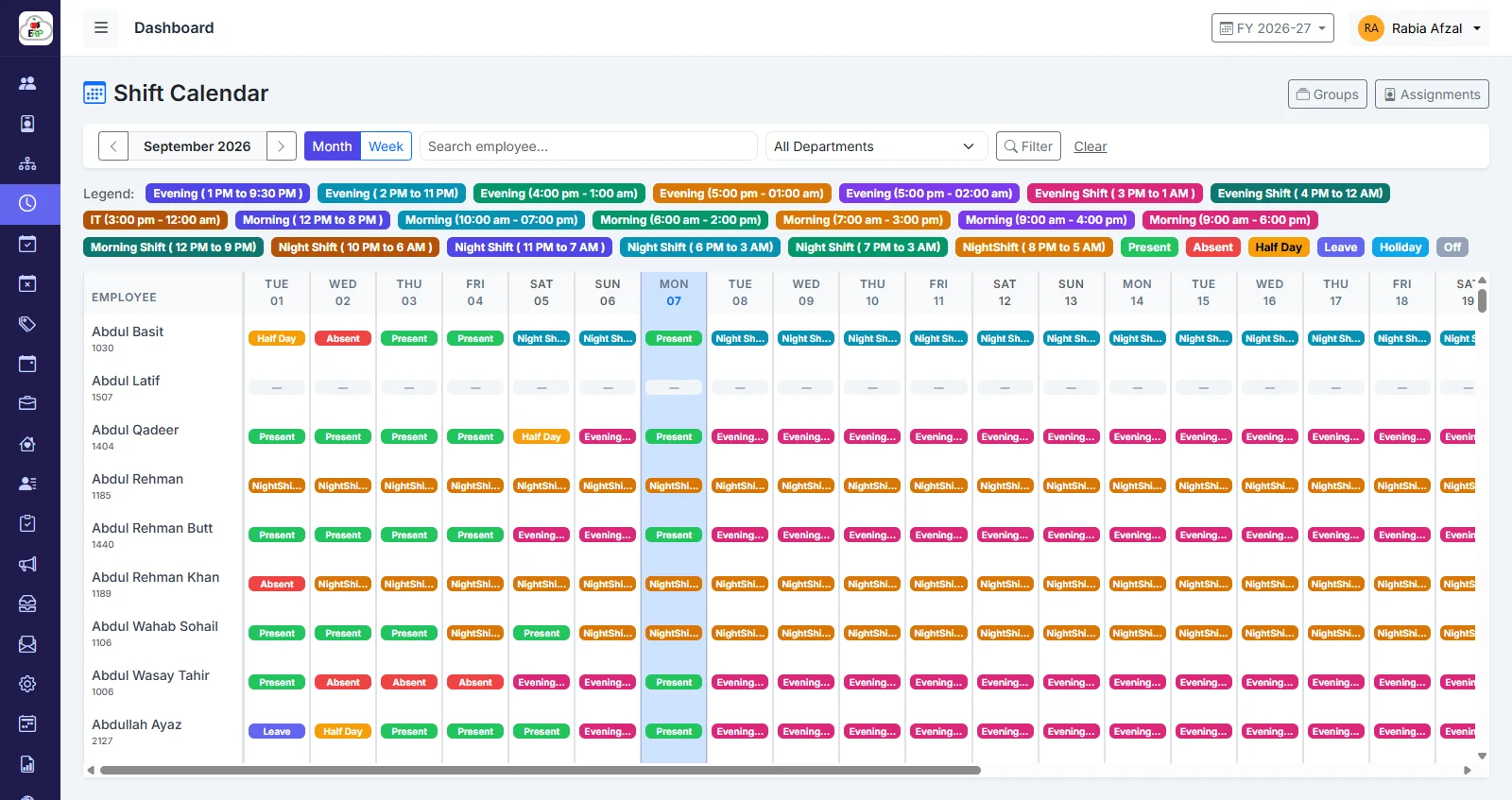 Cherry Berry ERP shift calendar showing morning, evening and night shift assignments for each employee across the month